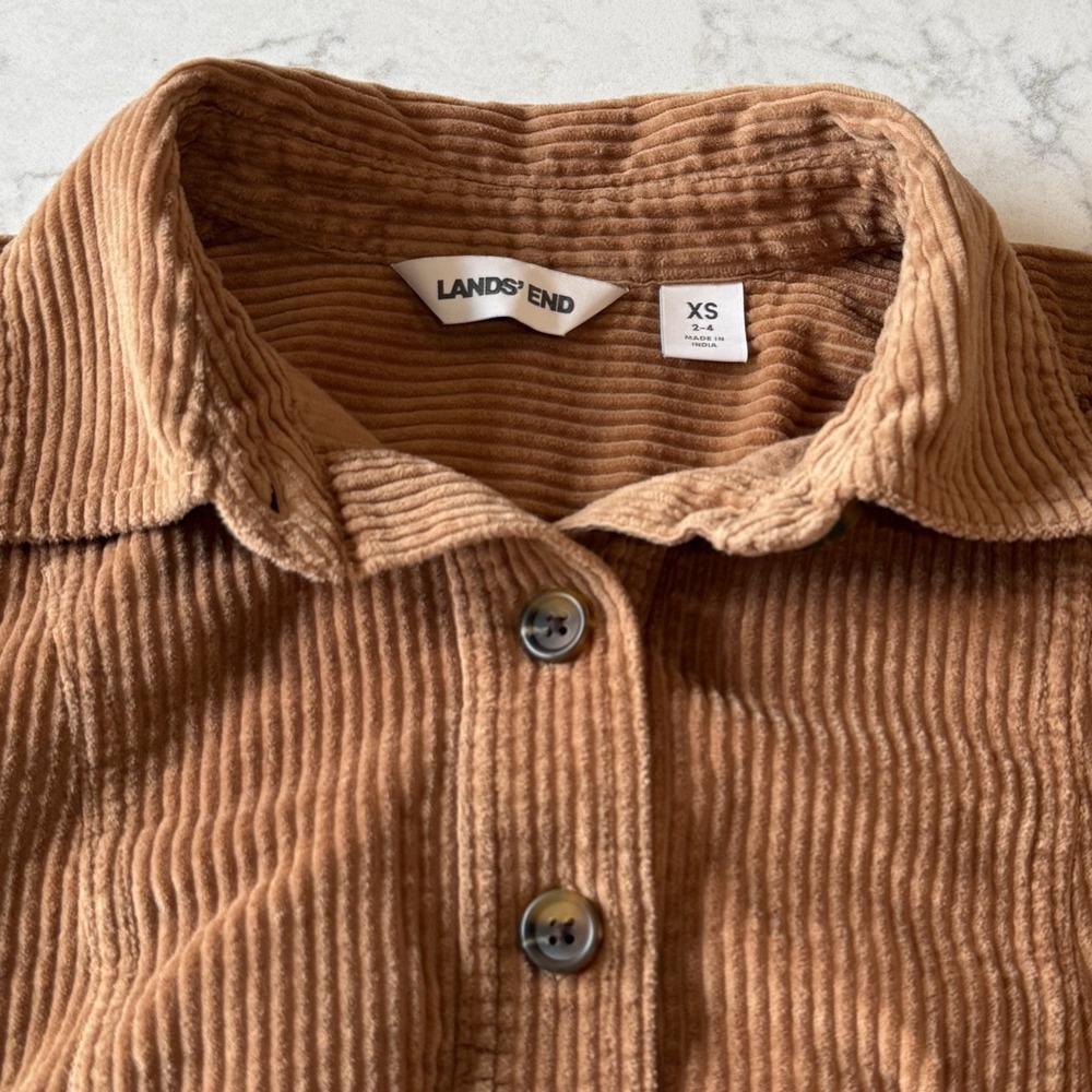 Lands End Women's XS (2-4) Tan Wide Wale Corduroy Collared Shirt Dress Pockets - Picture 3 of 12